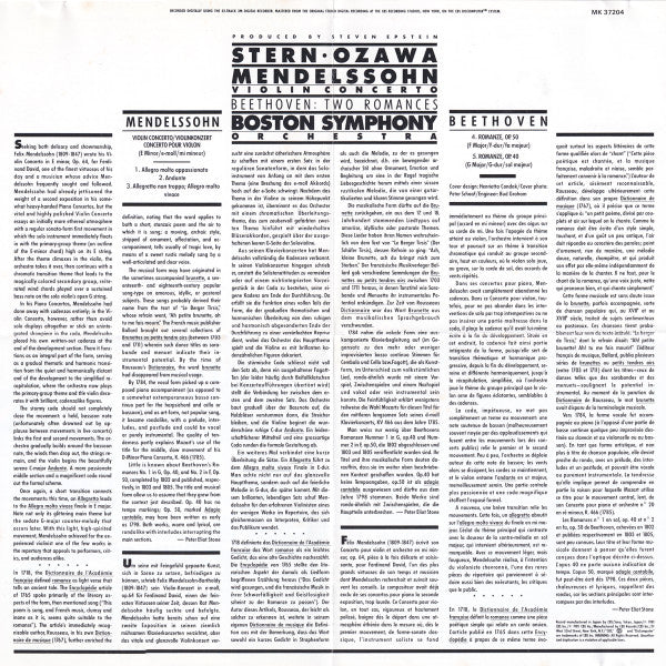 Isaac Stern, Seiji Ozawa, Felix Mendelssohn-Bartholdy, Ludwig van Beethoven, Boston Symphony Orchestra : Violin Concerto / Two Romances (CD, Album, RE)