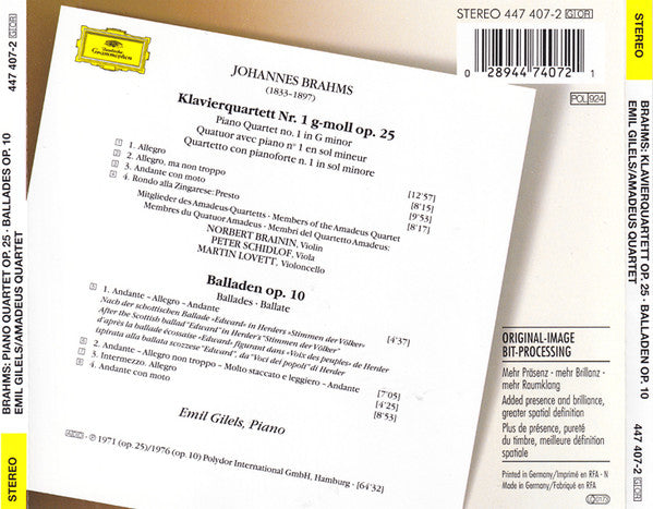 Johannes Brahms - Emil Gilels · Amadeus-Quartett : Klavierquartett = Piano Quartet Op. 25 • Balladen Op. 10 (CD, Comp, RM)