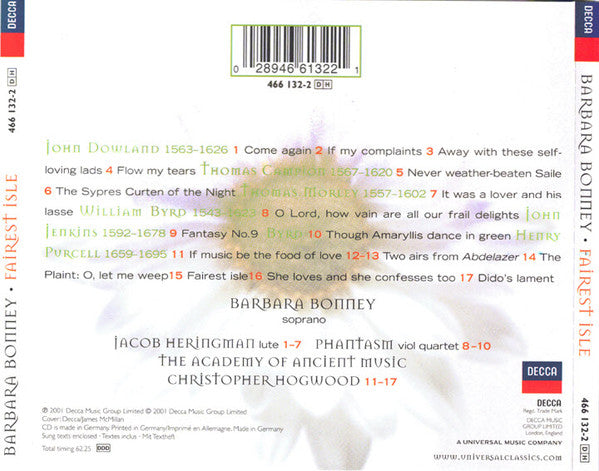 Barbara Bonney, Henry Purcell • John Dowland • William Byrd • Thomas Campion : Fairest Isle (CD, Album)