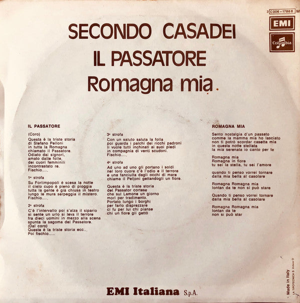 Secondo Casadei : Il Passatore / Romagna Mia (7", Single)