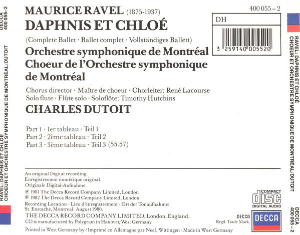 Maurice Ravel, Chœur De L'Orchestre Symphonique De Montréal Et Orchestre Symphonique De Montréal, Charles Dutoit : Daphnis Et Chloé (CD, Album)