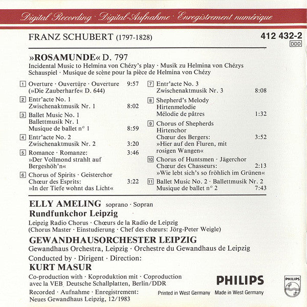 Franz Schubert - Elly Ameling, Gewandhausorchester Leipzig, Kurt Masur : Rosamunde (Complete) (CD)