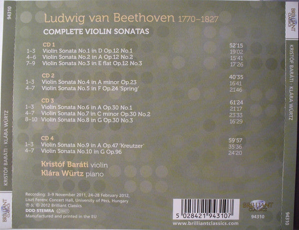 Ludwig van Beethoven - Kristóf Baráti, Klára Würtz : Complete Violin Sonatas (4xCD, Comp, Box)