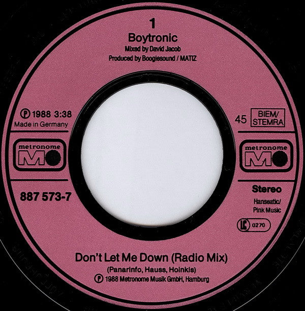 Boytronic : Don't Let Me Down (7", Single)