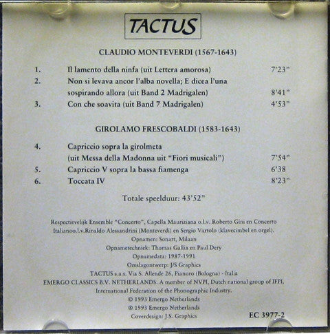 Claudio Monteverdi, Girolamo Frescobaldi, Cappella Mauriziana, Concerto Italiano, Roberto Gini, Rinaldo Alessandrini, Sergio Vartolo : Monteverdi - Frescobaldi Festival (1643 - 1993) (CD, Comp)