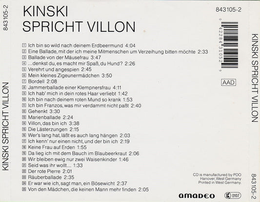Klaus Kinski : Kinski Spricht Villon (Ich Bin So Wild Nach Deinem Erdbeermund) (CD, Album, RE, RP)