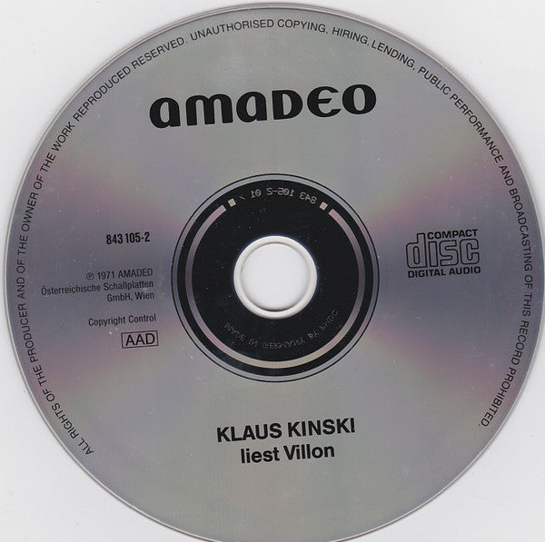 Klaus Kinski : Kinski Spricht Villon (Ich Bin So Wild Nach Deinem Erdbeermund) (CD, Album, RE, RP)