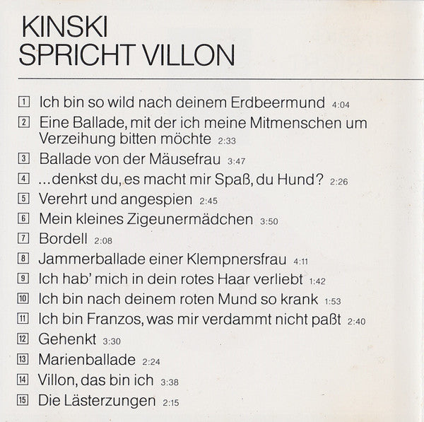 Klaus Kinski : Kinski Spricht Villon (Ich Bin So Wild Nach Deinem Erdbeermund) (CD, Album, RE, RP)