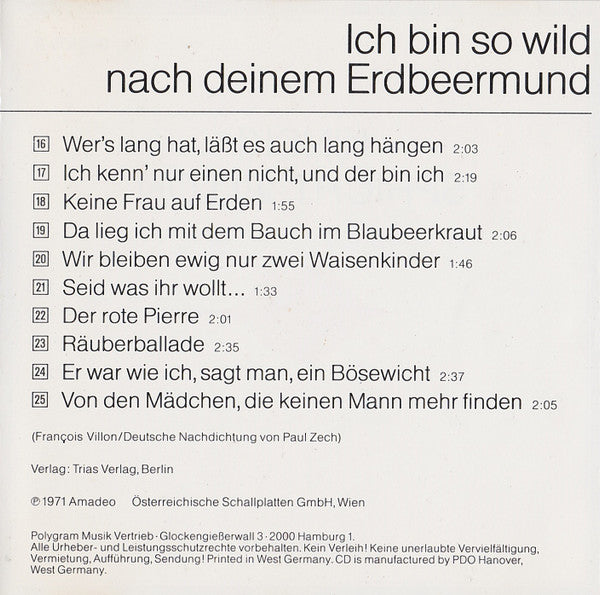 Klaus Kinski : Kinski Spricht Villon (Ich Bin So Wild Nach Deinem Erdbeermund) (CD, Album, RE, RP)