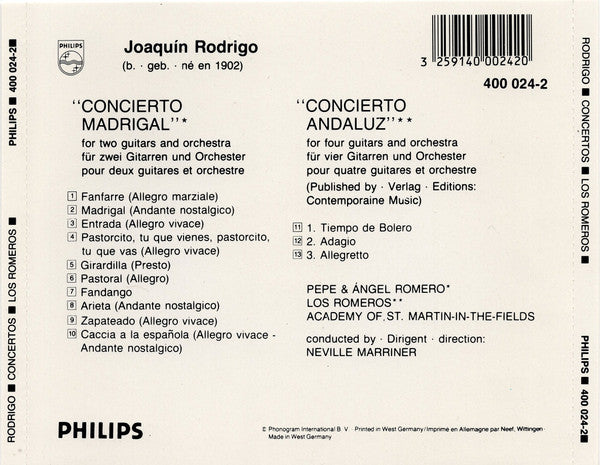 Joaquín Rodrigo / The Romeros • The Academy Of St. Martin-in-the-Fields / Sir Neville Marriner : Concierto Madrigal / Concierto Andaluz (CD, Comp, Blu)