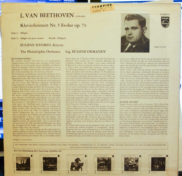 Ludwig van Beethoven, Eugene Istomin, The Philadelphia Orchestra, Eugene Ormandy : Klavierkonzert Nr. 5 (LP, Album, Mono)