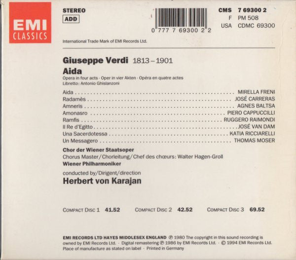 Giuseppe Verdi, Mirella Freni, José Carreras, Agnes Baltsa, Piero Cappuccilli, Ruggero Raimondi, José van Dam, Katia Ricciarelli, Thomas Moser, Wiener Staatsopernchor, Wiener Philharmoniker, Herbert Von Karajan : Aida (3xCD, Album, RE, RM)