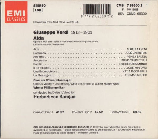 Giuseppe Verdi, Mirella Freni, José Carreras, Agnes Baltsa, Piero Cappuccilli, Ruggero Raimondi, José van Dam, Katia Ricciarelli, Thomas Moser, Wiener Staatsopernchor, Wiener Philharmoniker, Herbert Von Karajan : Aida (3xCD, Album, RE, RM)