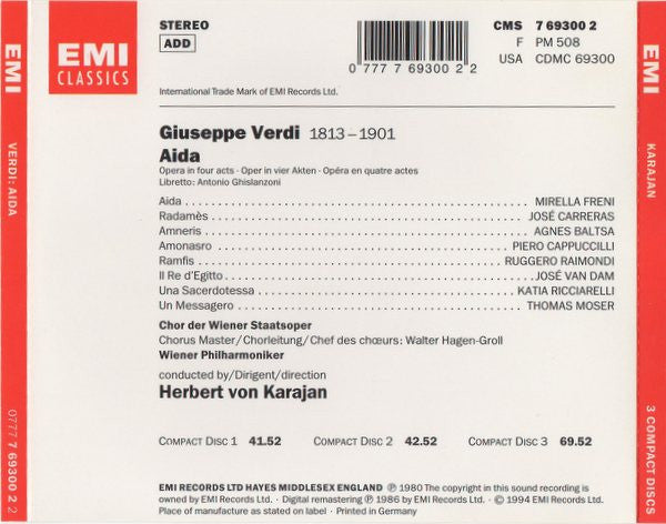 Giuseppe Verdi, Mirella Freni, José Carreras, Agnes Baltsa, Piero Cappuccilli, Ruggero Raimondi, José van Dam, Katia Ricciarelli, Thomas Moser, Wiener Staatsopernchor, Wiener Philharmoniker, Herbert Von Karajan : Aida (3xCD, Album, RE, RM)