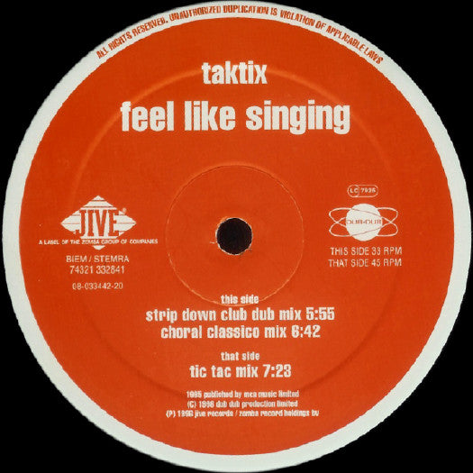 Tak Tix : Feel Like Singing (12", Maxi)