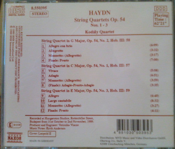 Joseph Haydn - Kodály Quartet : String Quartets Op. 54, Nos. 1 - 3 (CD)