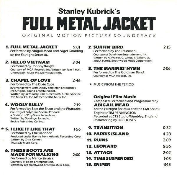 Various : Stanley Kubrick's Full Metal Jacket (Original Motion Picture Soundtrack) (CD, Comp)