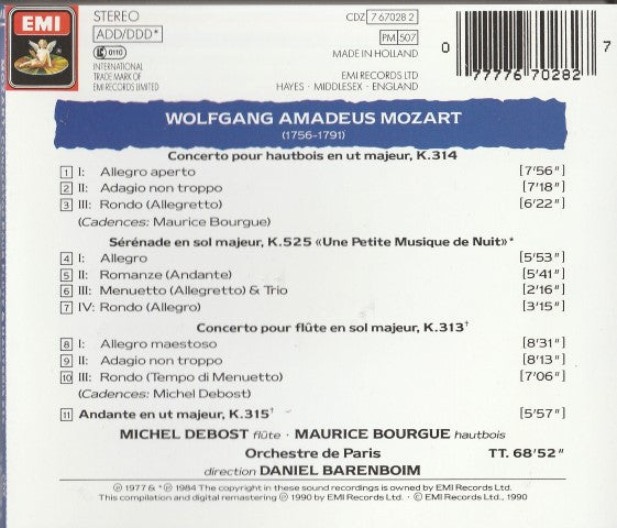Wolfgang Amadeus Mozart - Michel Debost • Maurice Bourgue, Daniel Barenboim : Concertos Pour Flûte Et Hautbois (CD, Album, Comp)