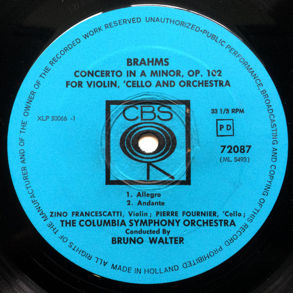 Johannes Brahms - Zino Francescatti, Pierre Fournier, Bruno Walter Conducting The Columbia Symphony Orchestra : Concerto For Violin & Cello - Tragic Overture (LP, Mono)