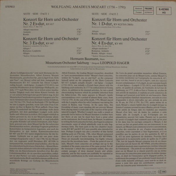 Wolfgang Amadeus Mozart, Hermann Baumann, Das Mozarteum Orchester Salzburg · Leopold Hager : Die Vier Hornkonzerte = The Four Horn Concertos = Les Quatre Concertos Pour Cor (LP, RE, DMM)