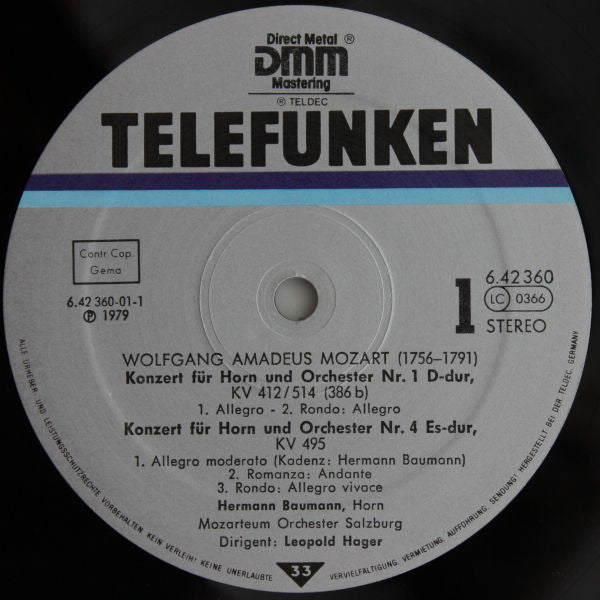 Wolfgang Amadeus Mozart, Hermann Baumann, Das Mozarteum Orchester Salzburg · Leopold Hager : Die Vier Hornkonzerte = The Four Horn Concertos = Les Quatre Concertos Pour Cor (LP, RE, DMM)