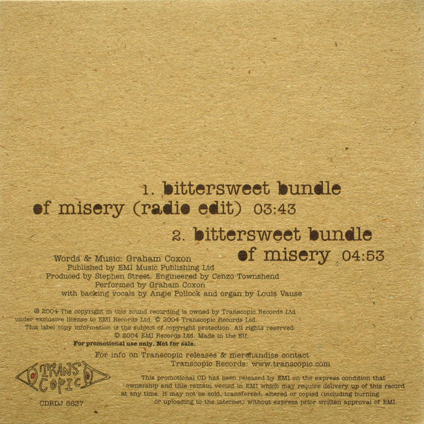 Graham Coxon : Bittersweet Bundle Of Misery (CD, Single, Promo)