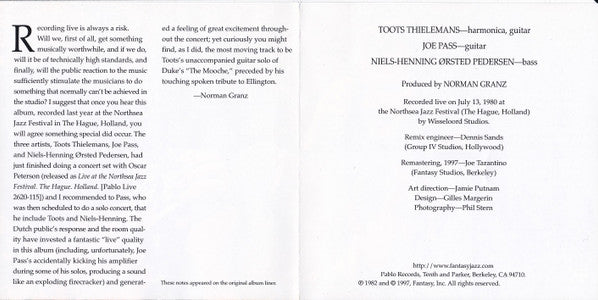 Toots Thielemans + Joe Pass + Niels-Henning Ørsted Pedersen : Live In The Netherlands (CD, Album, RE)