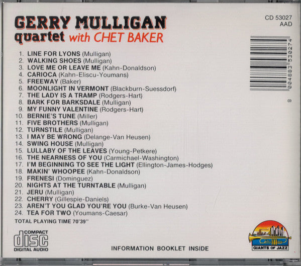 Gerry Mulligan Quartet With Chet Baker : Gerry Mulligan Quartet With Chet Baker (CD, Comp, RE)