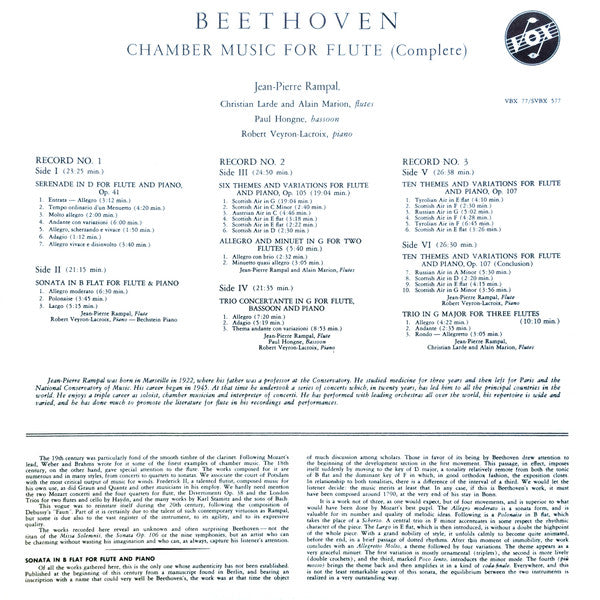 Ludwig van Beethoven, Jean-Pierre Rampal, Alain Marion, Christian Lardé, Paul Hongne, Robert Veyron-Lacroix : Chamber Music For Flute (Complete) (3xLP + Box)