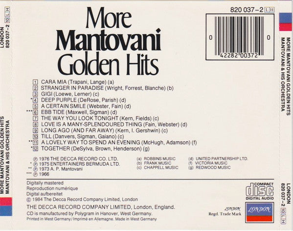Mantovani And His Orchestra : More Mantovani Golden Hits (CD)