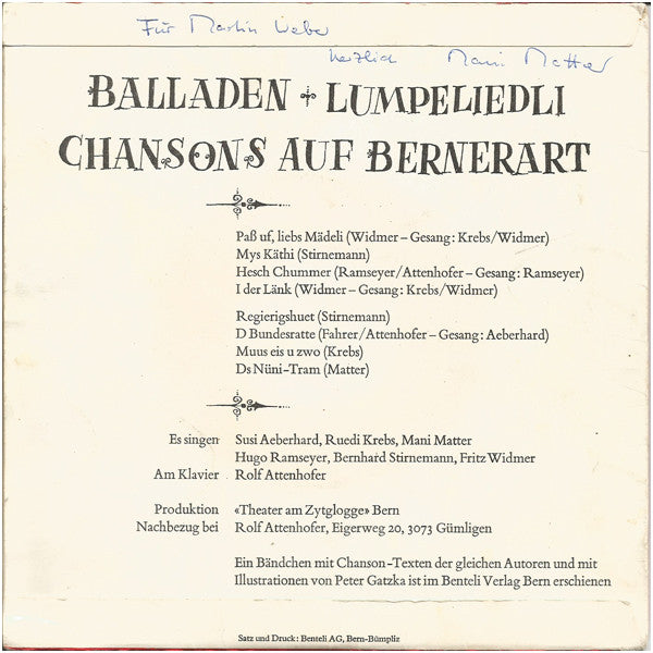 Various : Balladen + Lumpeliedli / Chansons auf Bernerart (7", EP)