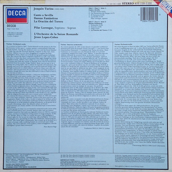 Joaquín Turina – Pilar Lorengar, L'Orchestre De La Suisse Romande, Jesús López-Cobos : Canto A Sevilla / Danzas Fantásticas / La Oración Del Torero (LP)