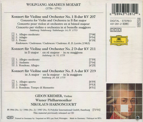 Wolfgang Amadeus Mozart, Gidon Kremer, Nikolaus Harnoncourt, Wiener Philharmoniker : Violinkonzerte Nos. 1 - 2 - 5 = Violin Concertos = Concertos Pour Violon (CD, Album, RE)