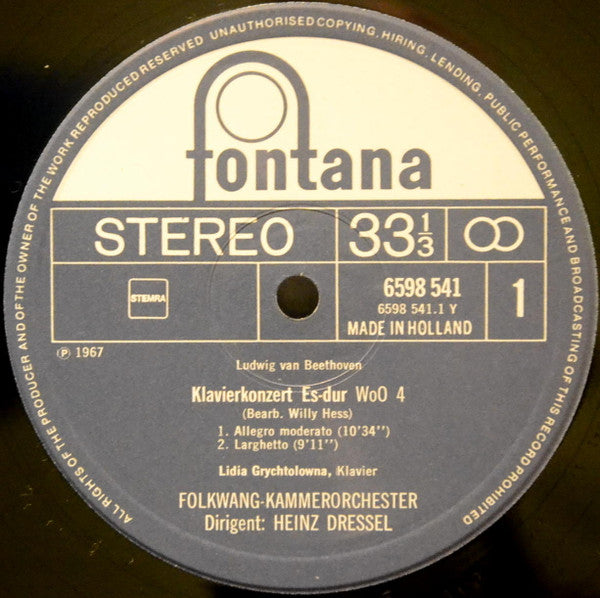 Ludwig van Beethoven - Lidia Grychtołówna, Detlef Kraus, Das Folkwang-Kammerorchester, Heinz Dressel : Klavierkonzert Es-Dur "Das Nullte" WoO 4 / RondoB-Dur WoO 6 (LP)