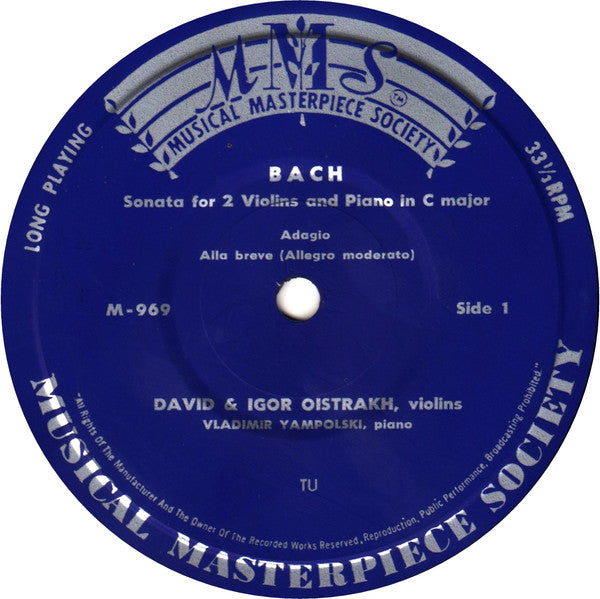 Johann Sebastian Bach / David Oistrach, Igor Oistrach, Vladimir Yampolsky : Sonata For 2 Violins And Piano In C Major (7")