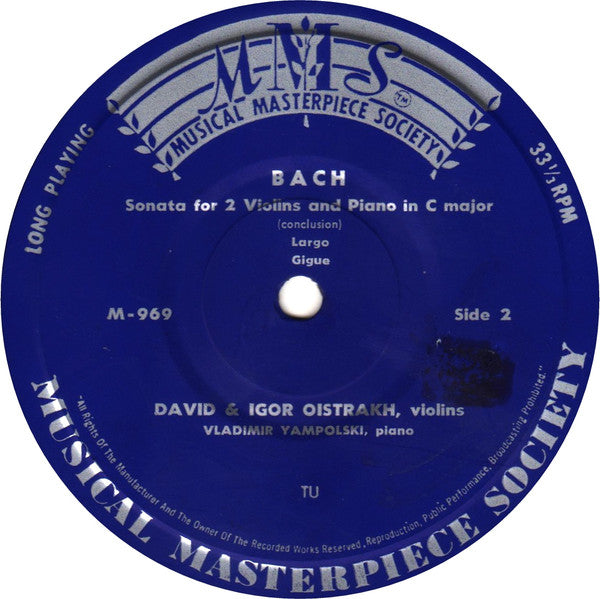 Johann Sebastian Bach / David Oistrach, Igor Oistrach, Vladimir Yampolsky : Sonata For 2 Violins And Piano In C Major (7")