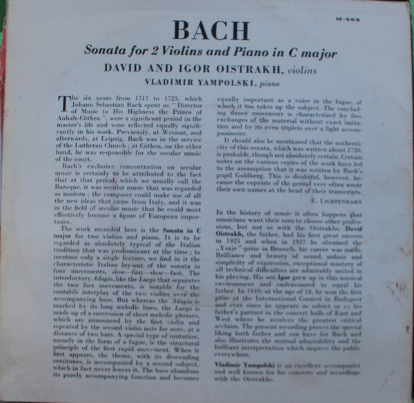 Johann Sebastian Bach / David Oistrach, Igor Oistrach, Vladimir Yampolsky : Sonata For 2 Violins And Piano In C Major (7")