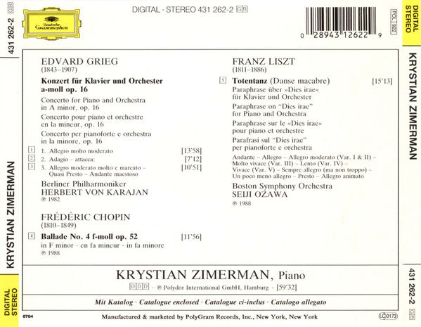 Krystian Zimerman - Edvard Grieg : Frédéric Chopin : Franz Liszt : Klavierkonzert = Piano Concerto / Ballace No. 4 / Totentanz (Danse Macabre) (CD, Comp, Ltd)