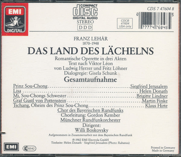 Franz Lehár, Siegfried Jerusalem, Helen Donath, Brigitte Lindner, Martin Finke (2), Klaus Hirte, Chor Des Bayerischen Rundfunks, Münchner Rundfunkorchester, Willi Boskovsky : Land Des Lächelns  (2xCD, Album)