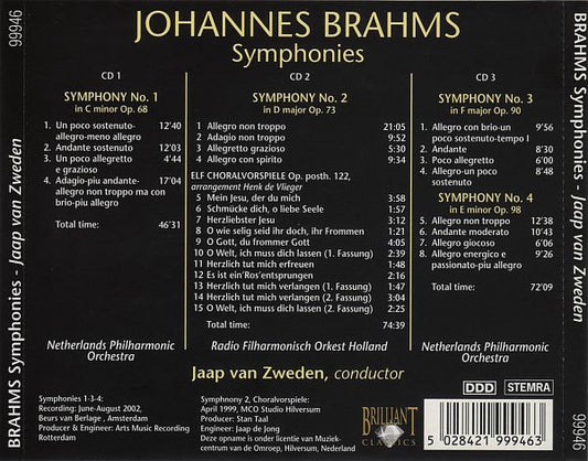 Johannes Brahms - Jaap van Zweden : Symphonies (Complete) (3xCD, Album, Comp)