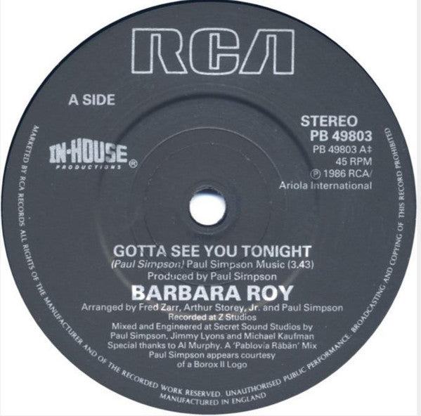 Barbara Roy : Gotta See You Tonight (Dance Version) (7")