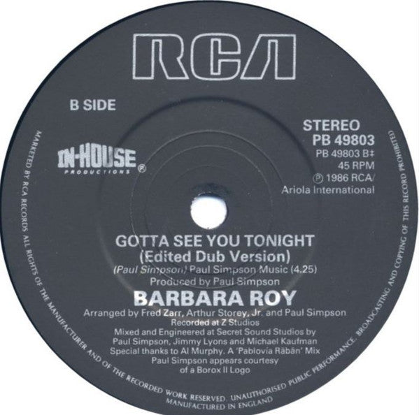 Barbara Roy : Gotta See You Tonight (Dance Version) (7")