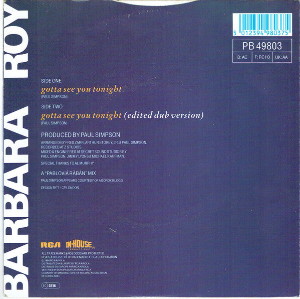 Barbara Roy : Gotta See You Tonight (Dance Version) (7")