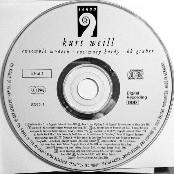 Kurt Weill – Ensemble Modern, Rosemary Hardy, HK Gruber : Berlin Im Licht (CD)