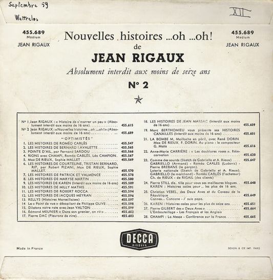 Jean Rigaux : N° 2 - Nouvelles Histoires ...Oh ...Oh ! Absolument Interdit Aux Moins De Seize Ans (7", EP)