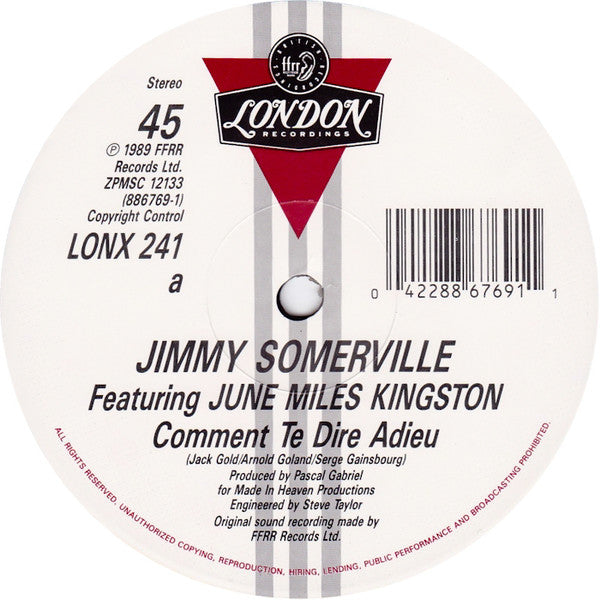 Jimmy Somerville Featuring June Miles-Kingston : Comment Te Dire Adieu (12", Single)