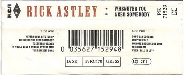Rick Astley : Whenever You Need Somebody (Cass, Album, Bla)