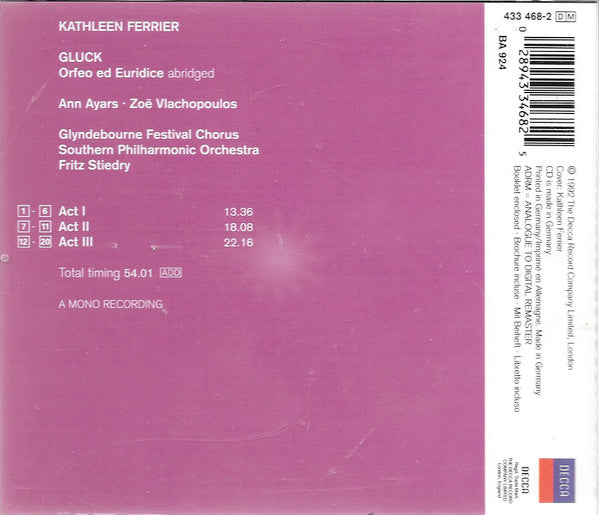 Kathleen Ferrier : Gluck: Orfeo Ed Euridice (CD, Album, Mono, RE)