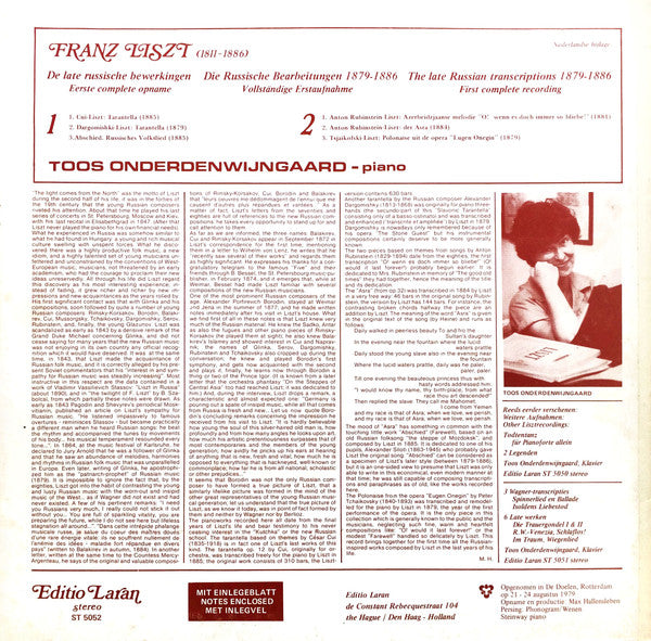 Franz Liszt, Toos Onderdenwijngaard : De Late Russische Bewerkingen - Eerste Complete Opname = Die Russische Bearbeitungen - Vollständige Erstaufnahmen = The Late Russian Transcriptions - First Complete Recording (1879-1886) (LP, Album)
