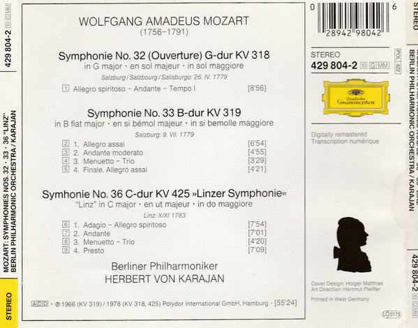 Wolfgang Amadeus Mozart, Berliner Philharmoniker, Herbert von Karajan : Symphonies Nos. 32,33,36 "Linzer" (CD, Comp, RE, RM)